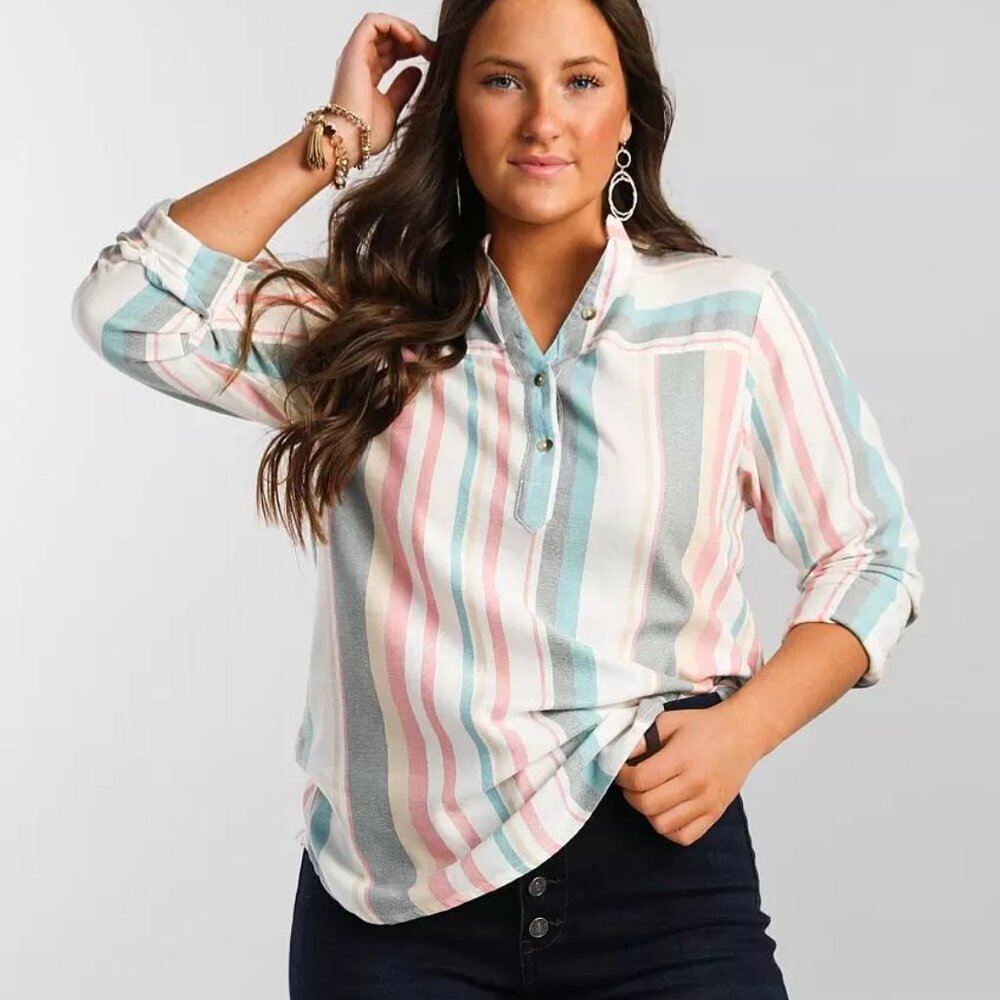 BKE Size L Woven Striped Henley, Long Sleeve, Eased Fit, Exc. Used Condition